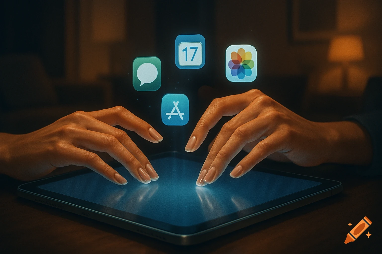 Two hands interact with a glowing tablet screen, with various app icons floating above in a dimly lit setting.