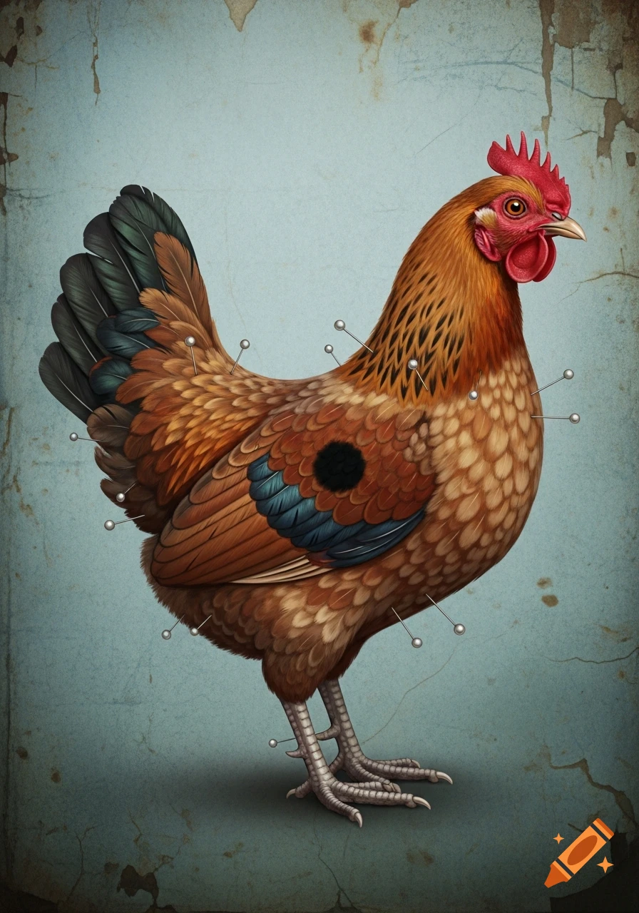 Stylized illustration of a brown and black chicken with silver pins stuck into its body, against a distressed light blue background.