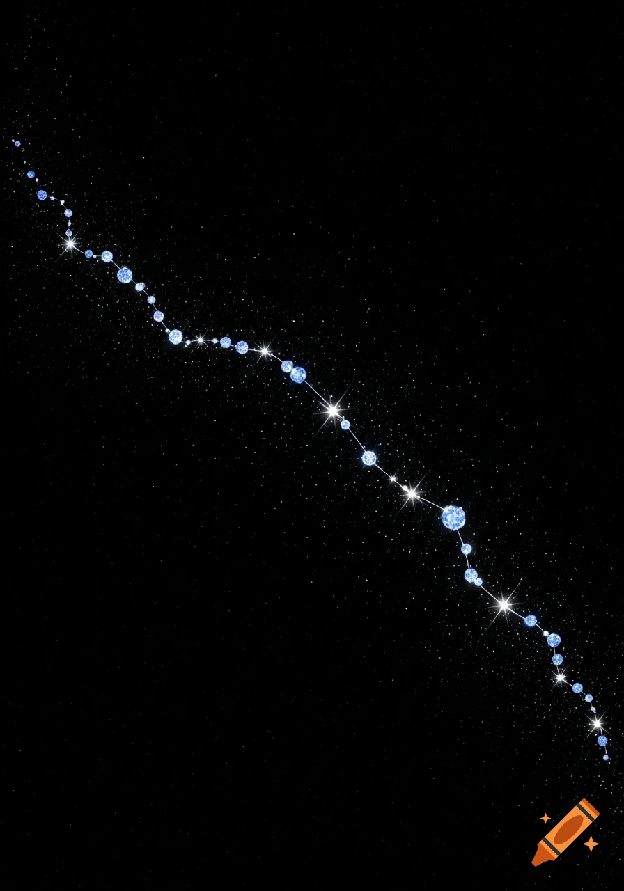 A winding line of blue sparkling diamond-like orbs against a black starry background.
