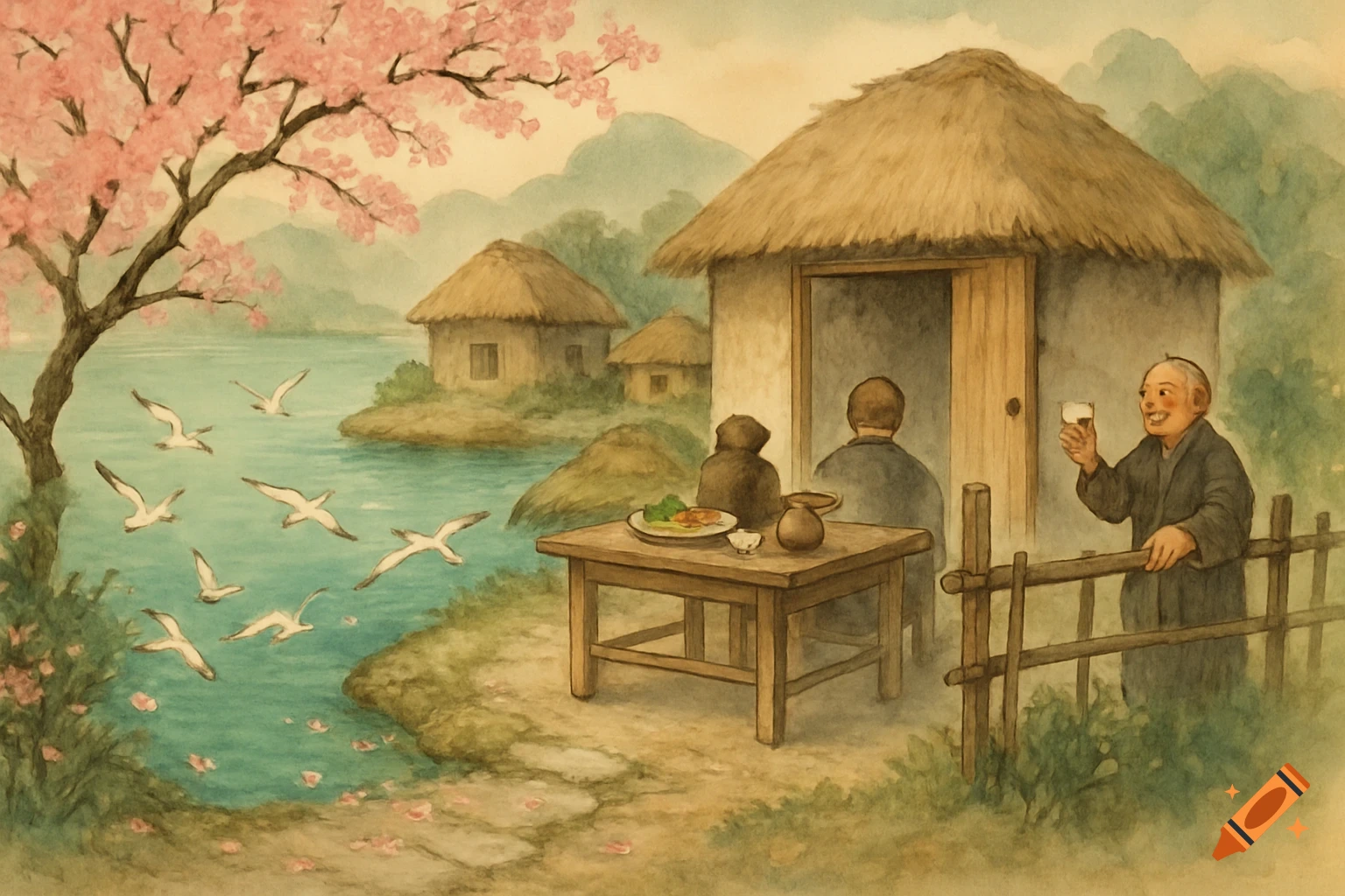Watercolor painting of an East Asian village: traditional houses, a smiling man with a cup, a lake with flying birds, and pink cherry blossoms.