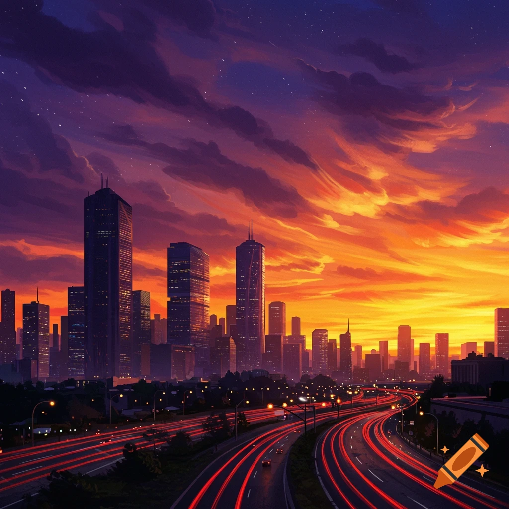 A vibrant digital painting of a city skyline at sunset with a busy ...