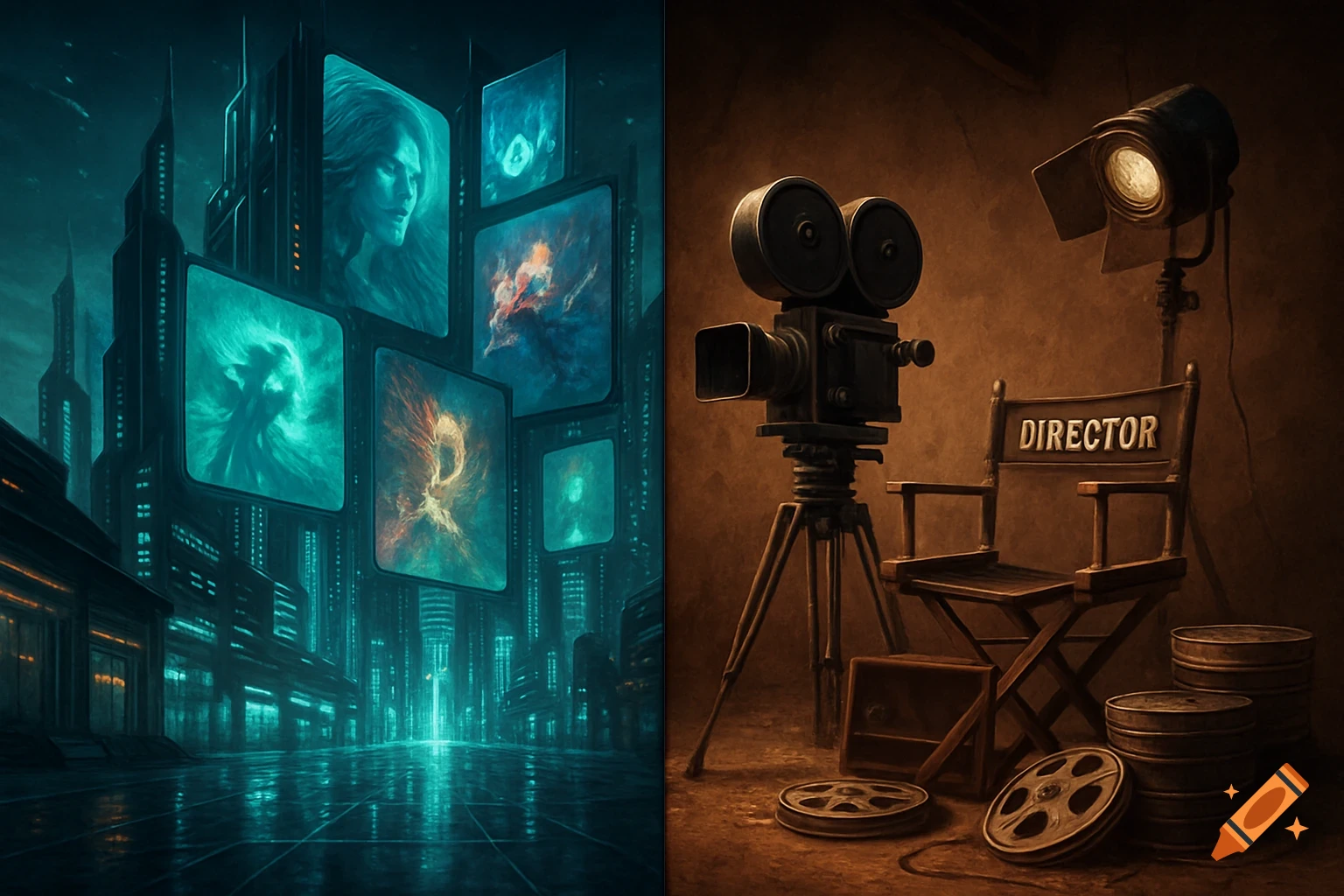 A split image showing a futuristic city with glowing digital displays on the left, and a vintage film set with a camera and 'DIRECTOR' chair on the right.