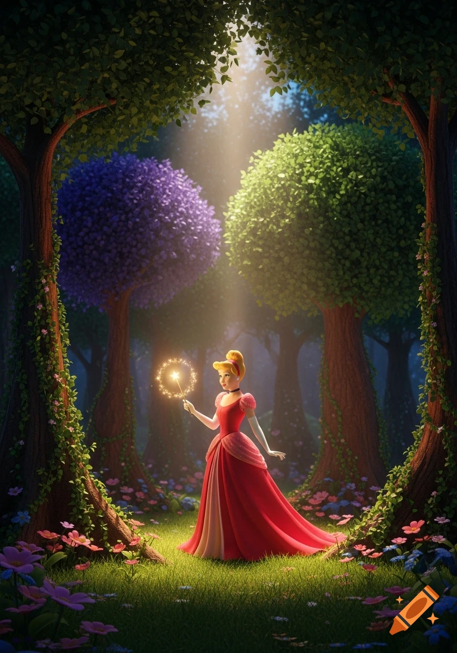 Cinderella in a flowing red gown holds a glowing wand in a magical forest with vibrant trees and flowers, 3D animation style.