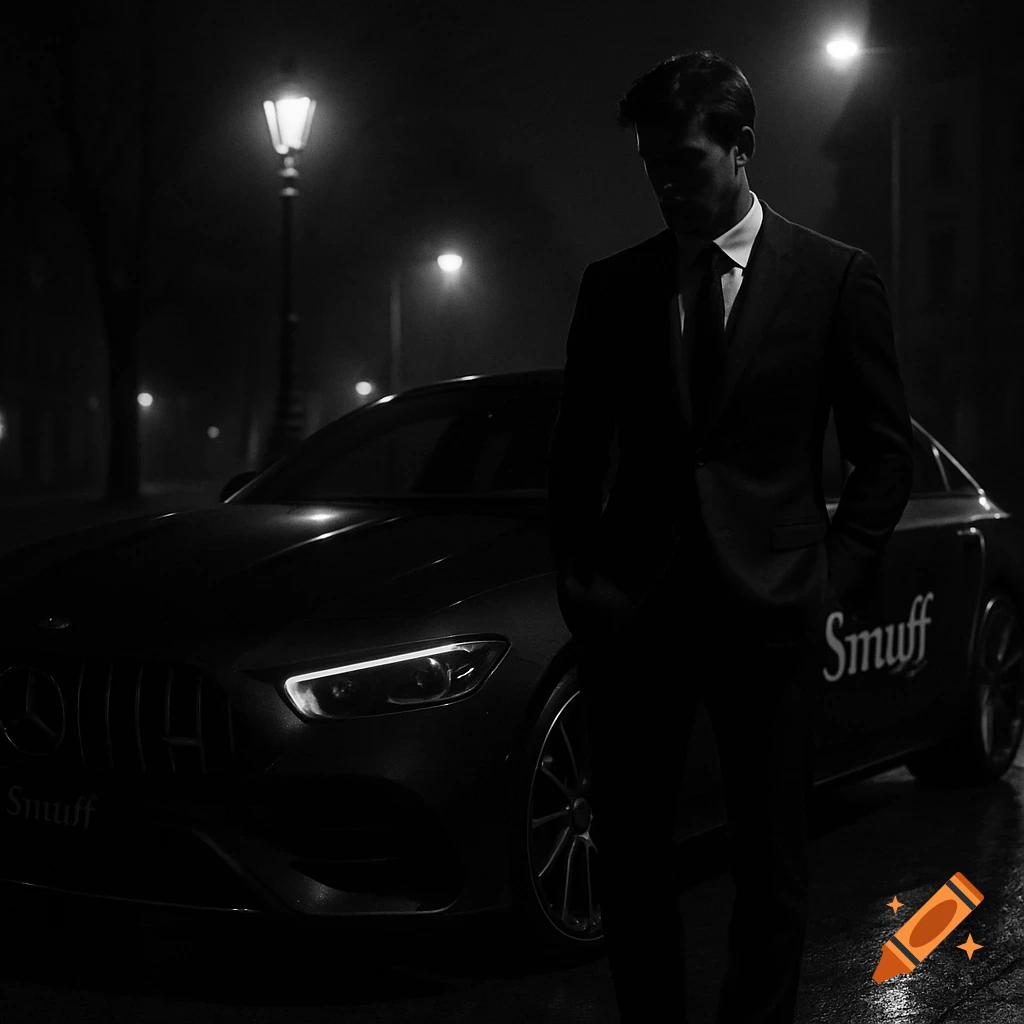 A man in a suit stands beside a black Mercedes AMG at night, with "Smuff" written on the car, in a dramatic black-and-white cinematic style.