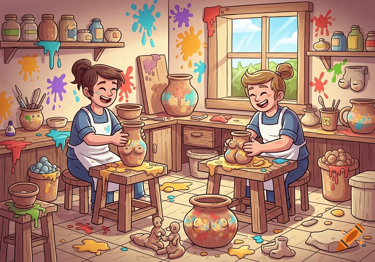 A cartoon illustration of two smiling people making pottery and clay figures with exaggerated body shapes in a messy, colorful art studio.