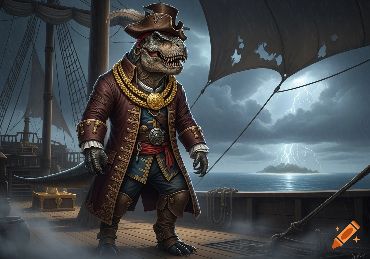 A humanoid T-Rex pirate in a brown coat and gold chains stands on a ship deck during a stormy night with lightning.