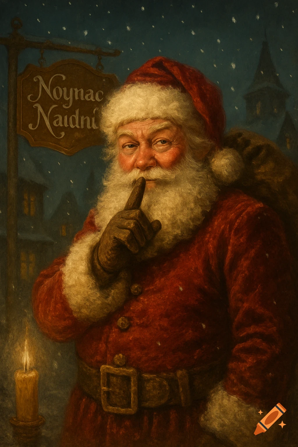 An old-fashioned painting of Santa Claus in a red suit, holding a finger to his lips, standing in a snowy village at night with a candle and a sign.