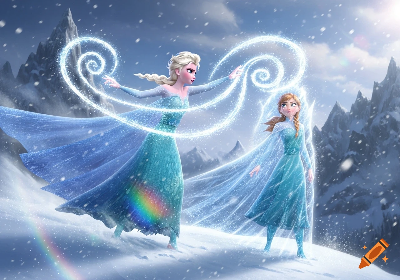Elsa and Anna from Frozen on a snowy mountain, with Elsa conjuring ...