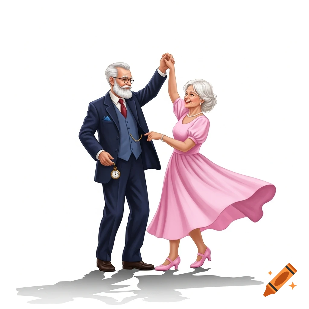 Illustration of an elderly couple in formal wear dancing happily on a white background.