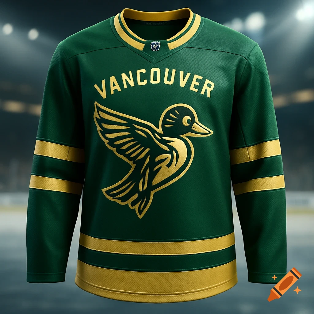 A green and gold hockey jersey with the word "VANCOUVER" arched above a golden duck logo with spread wings.