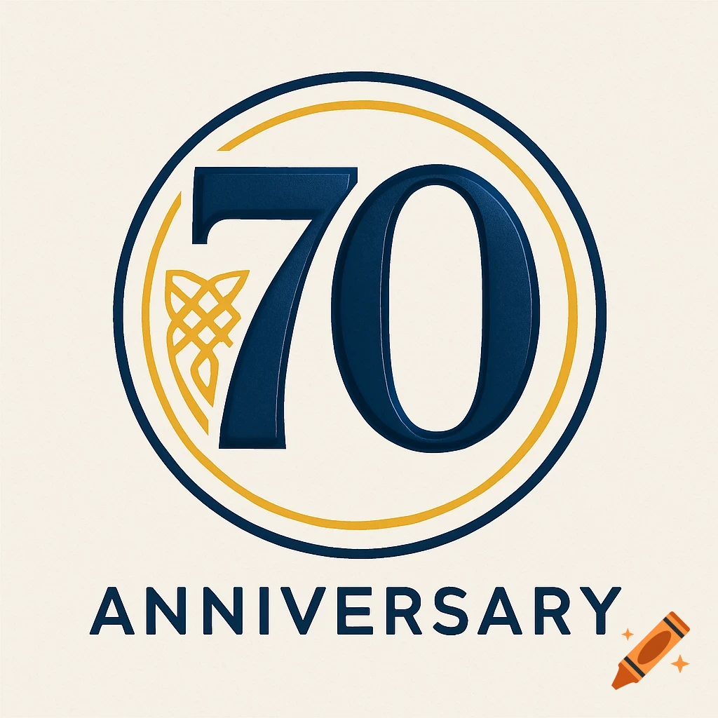 A logo for a 70th anniversary, featuring a large navy blue '70' with a yellow Celtic knot design, set within a double yellow and navy blue circle, with 'ANNIVERSARY' in navy blue text below.