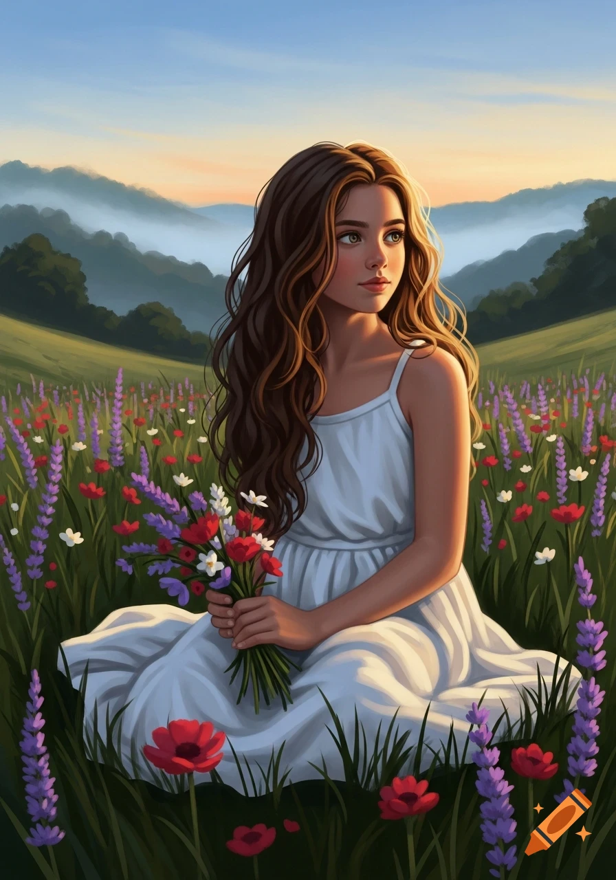 A digitally illustrated girl in a white dress sits in a vibrant flower ...