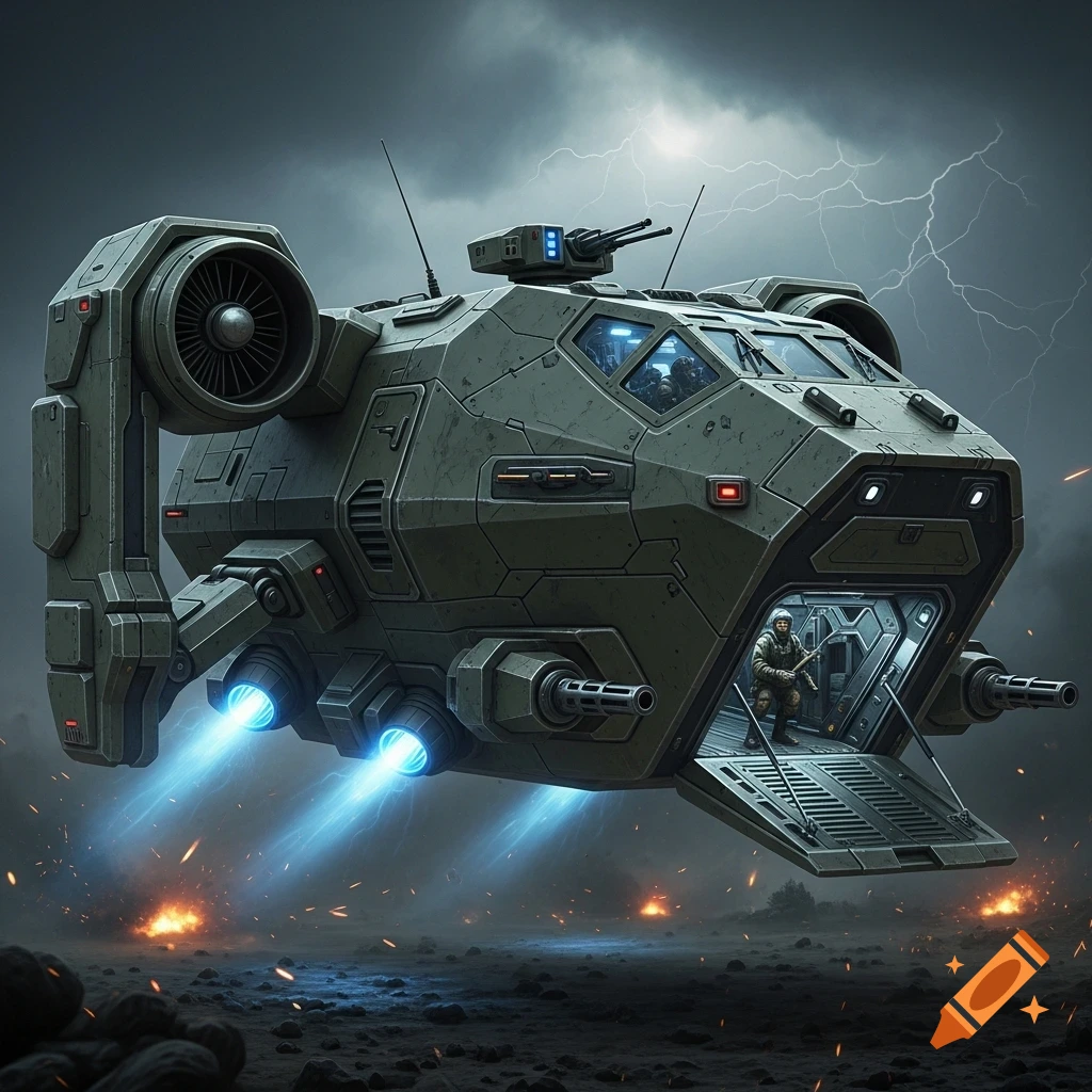 A heavily armored military VTOL dropship with a soldier in the open ...