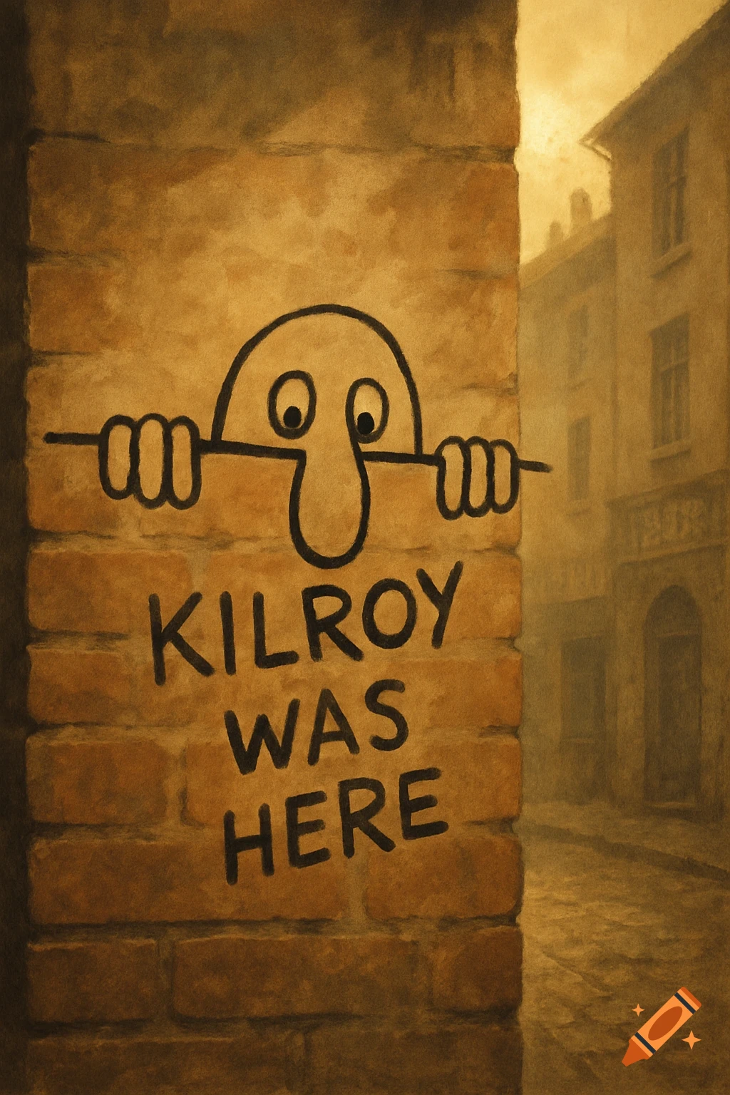 A classic 'Kilroy was here' doodle and text spray-painted on a brick wall, with a hazy street and buildings in the background in a painterly style.