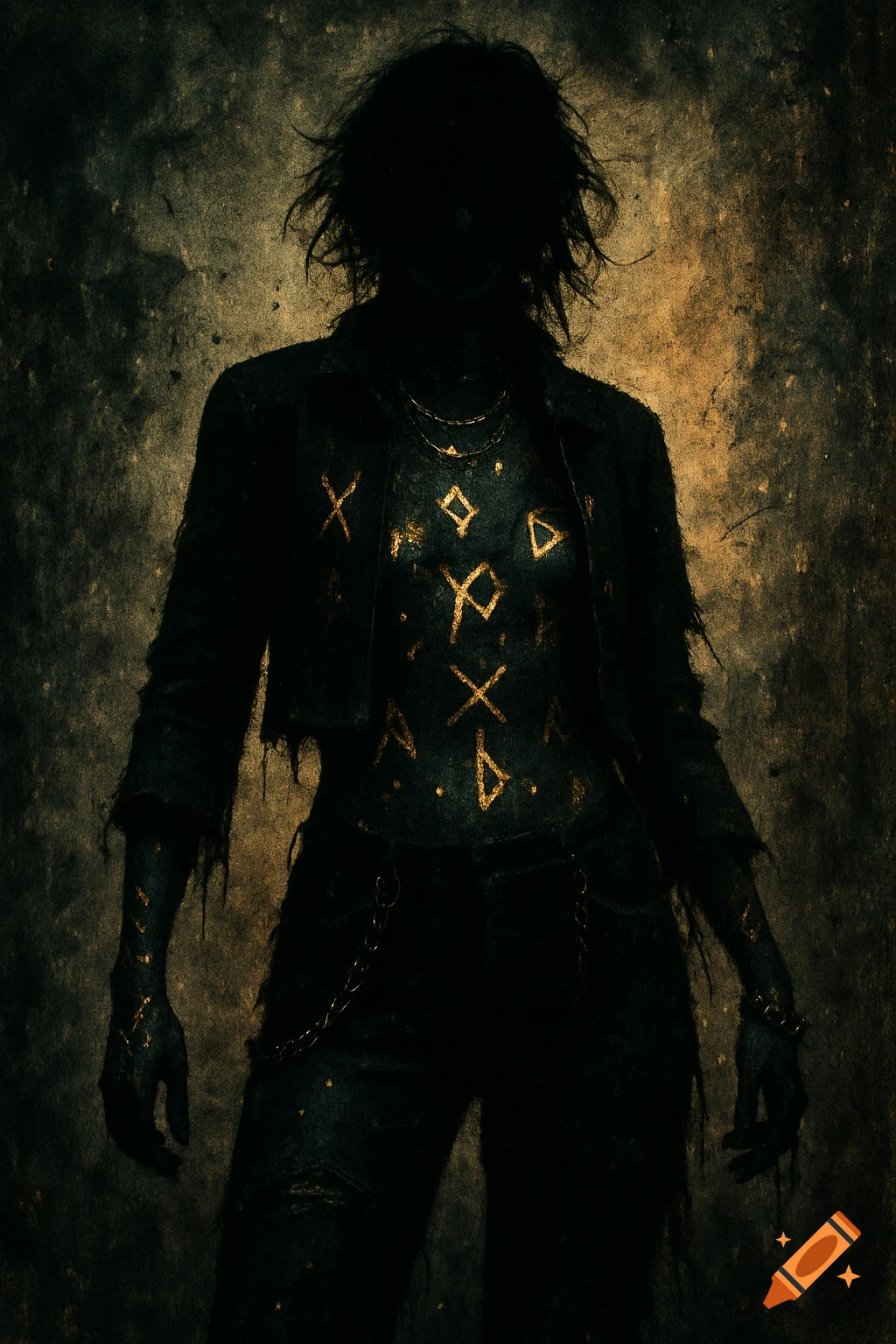 A dark, silhouetted figure in grunge clothing with gold mystical runes and chains against a distressed background.