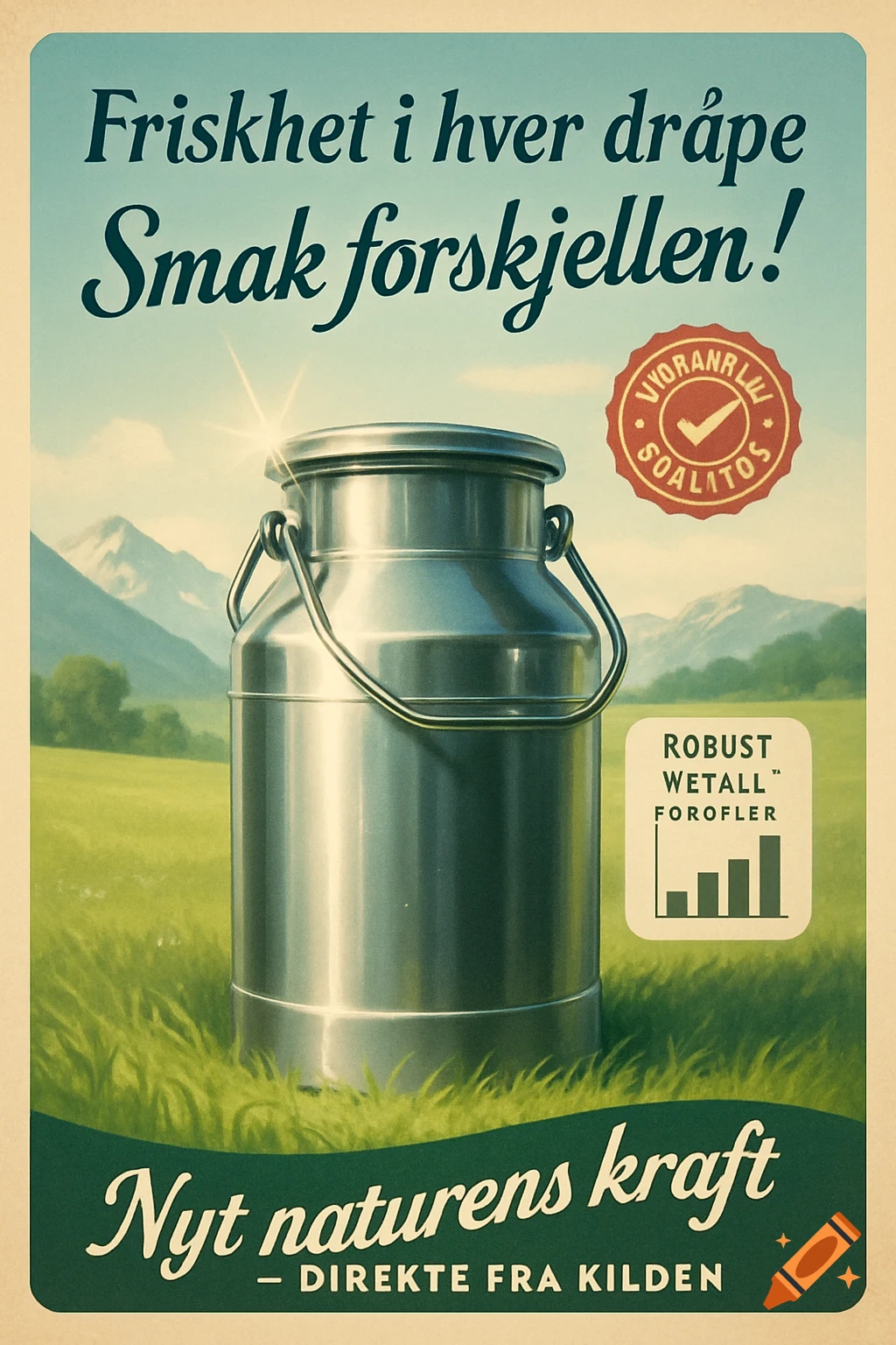 A vintage-style advertisement poster for milk, featuring a shiny metal milk can in a green field with mountains in the background. Text includes slogans in Norwegian.