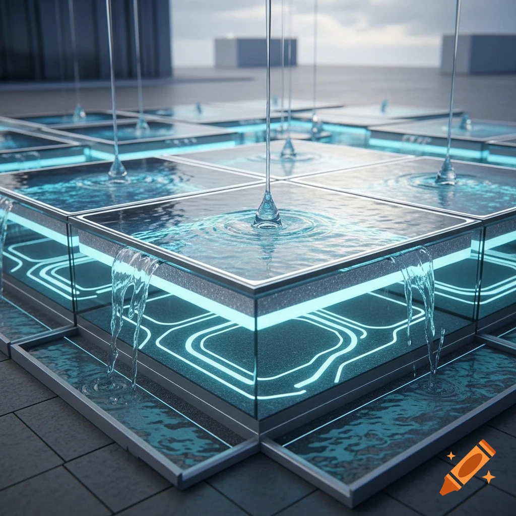 Futuristic modular pavement tiles with glowing blue circuit patterns and flowing water, in an urban setting.