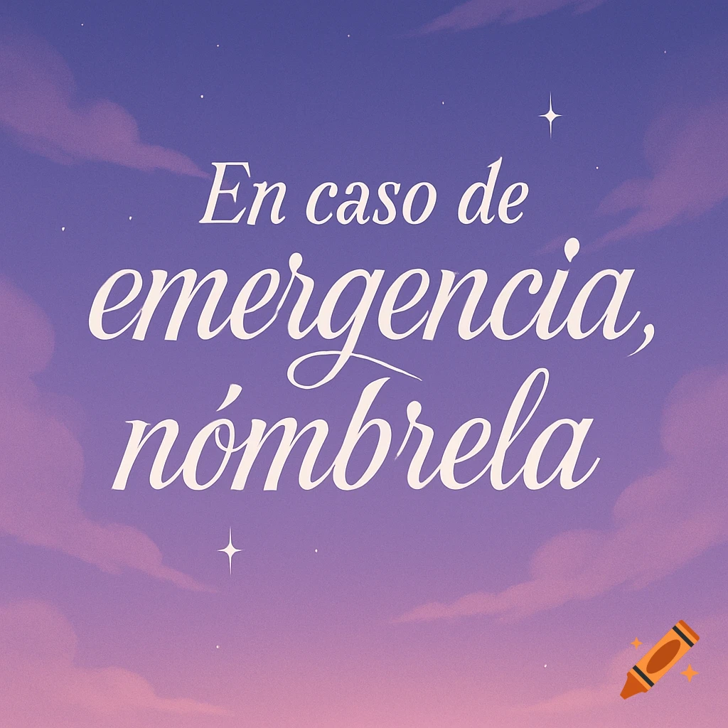 White script text "En caso de emergencia, nómbrela" on a purple and pink gradient sky background with soft clouds and tiny stars.
