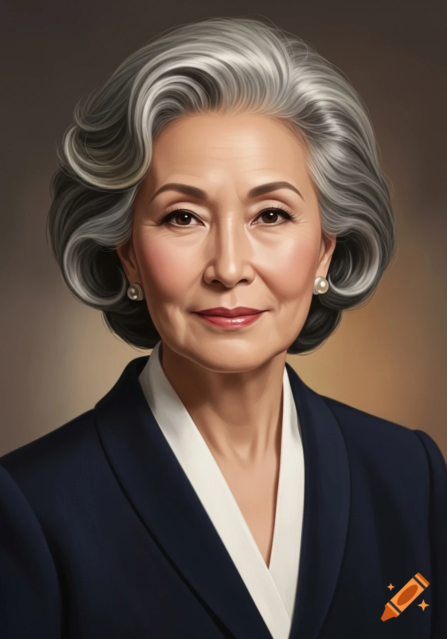 Realistic painted portrait of an elegant elderly woman with gray hair, navy suit, and pearl earrings, smiling.