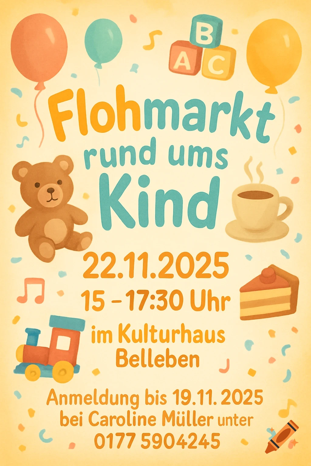 A colorful flyer for a children's flea market with illustrations of balloons, a teddy bear, building blocks, and a toy train. The text announces a flea market event with date, time, and contact information.