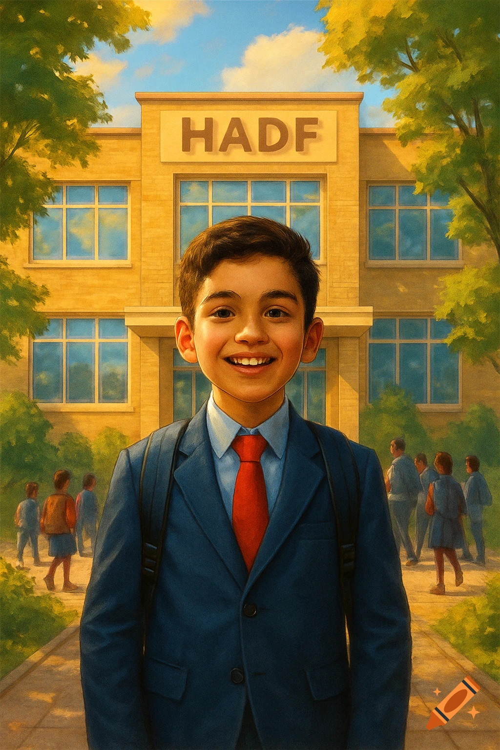 Hadf A smiling boy in a blue suit and red tie with a backpack stands in ...