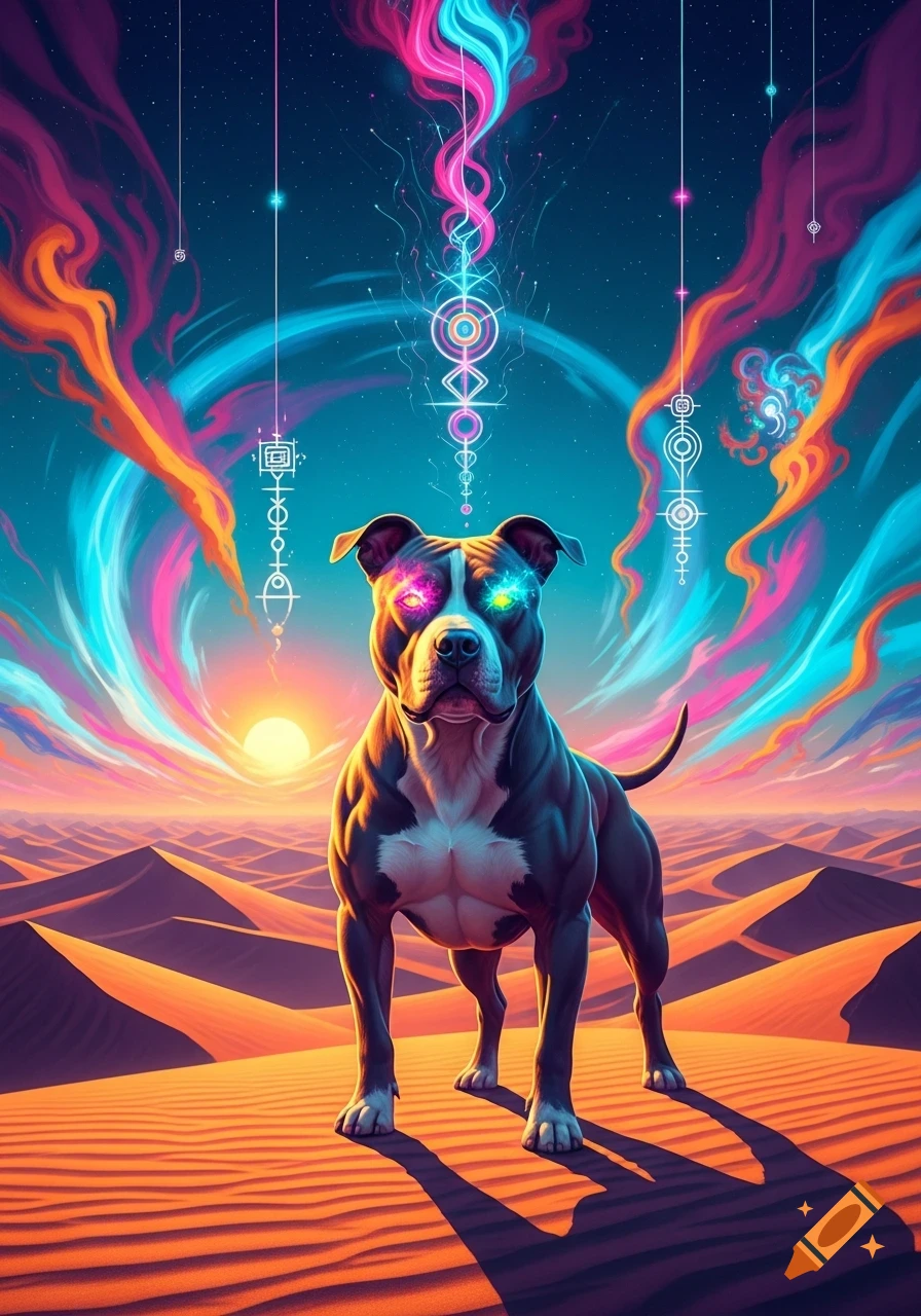 A pitbull with glowing eyes stands in a vibrant psychedelic desert at sunset, with colorful energy trails in the starry sky.