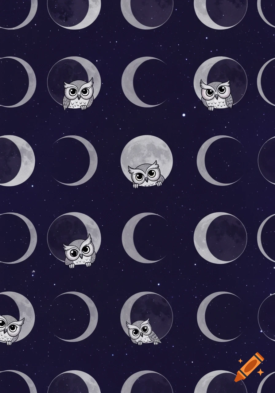 Repeating pattern of cartoon owls peeking from various phases of the moon against a dark, starry night sky.