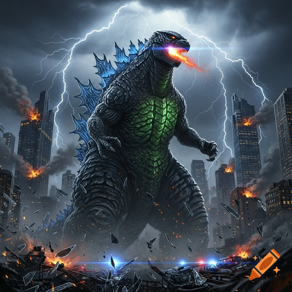Godzilla, a giant scaly monster with glowing green chest and blue spines, breathes fire in a destroyed city under a lightning storm.