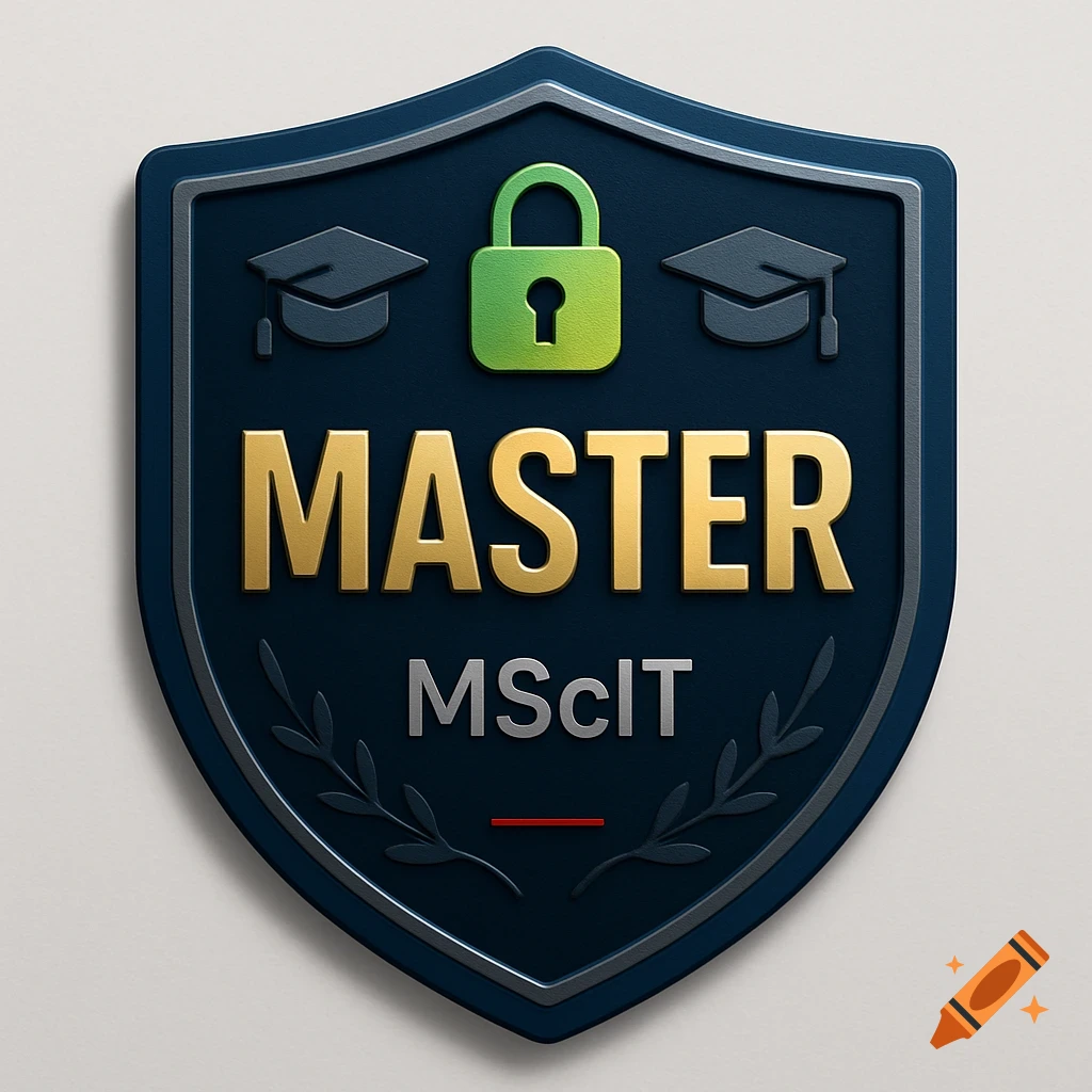 A 3D render of a blue shield badge with a green padlock, two graduation caps, the word 'MASTER' in gold, and 'MScIT' in silver.