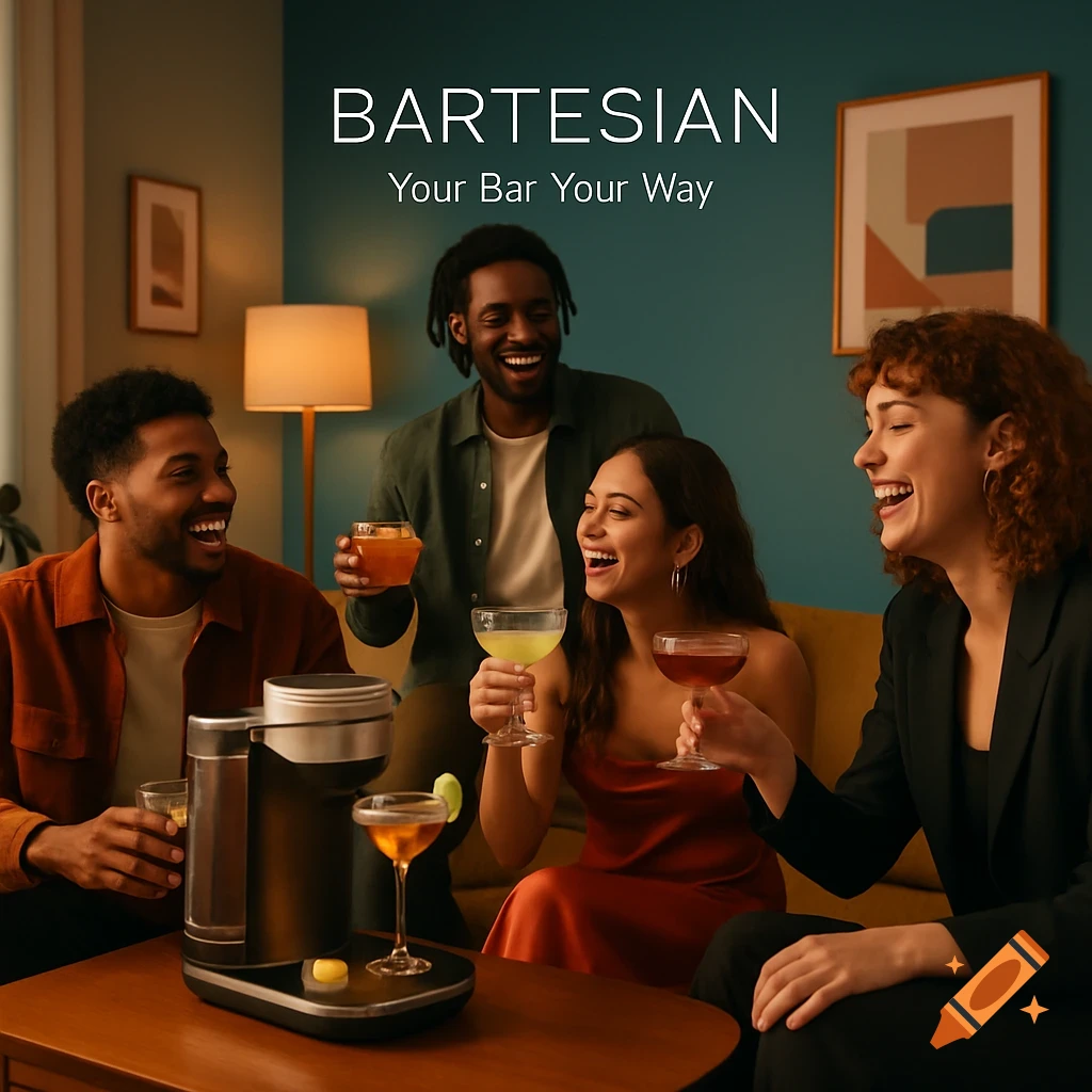 Four diverse adults laughing and holding cocktails around a Bartesian machine in a modern living room. Text: BARTESIAN Your Bar Your Way.