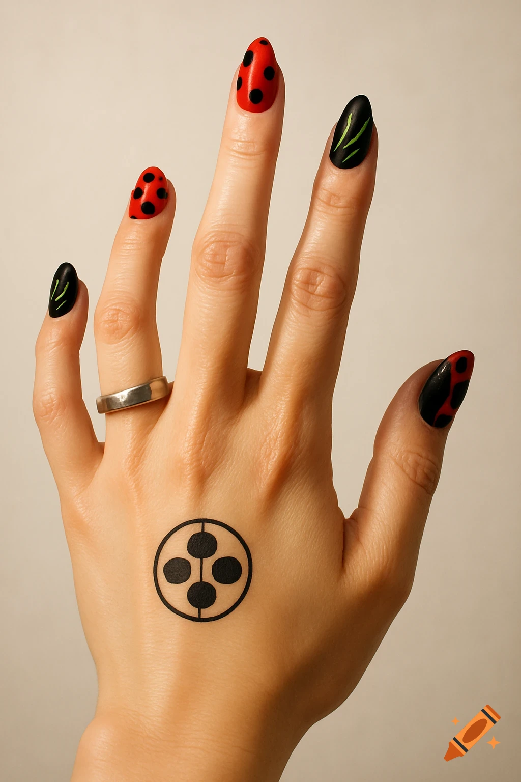 A close-up shot of a right hand with themed nail art and a ring. The nails feature red with black dots and black with green scratches, mimicking a ladybug and cat noir theme. A circular black and white logo is tattooed on the back of the hand.