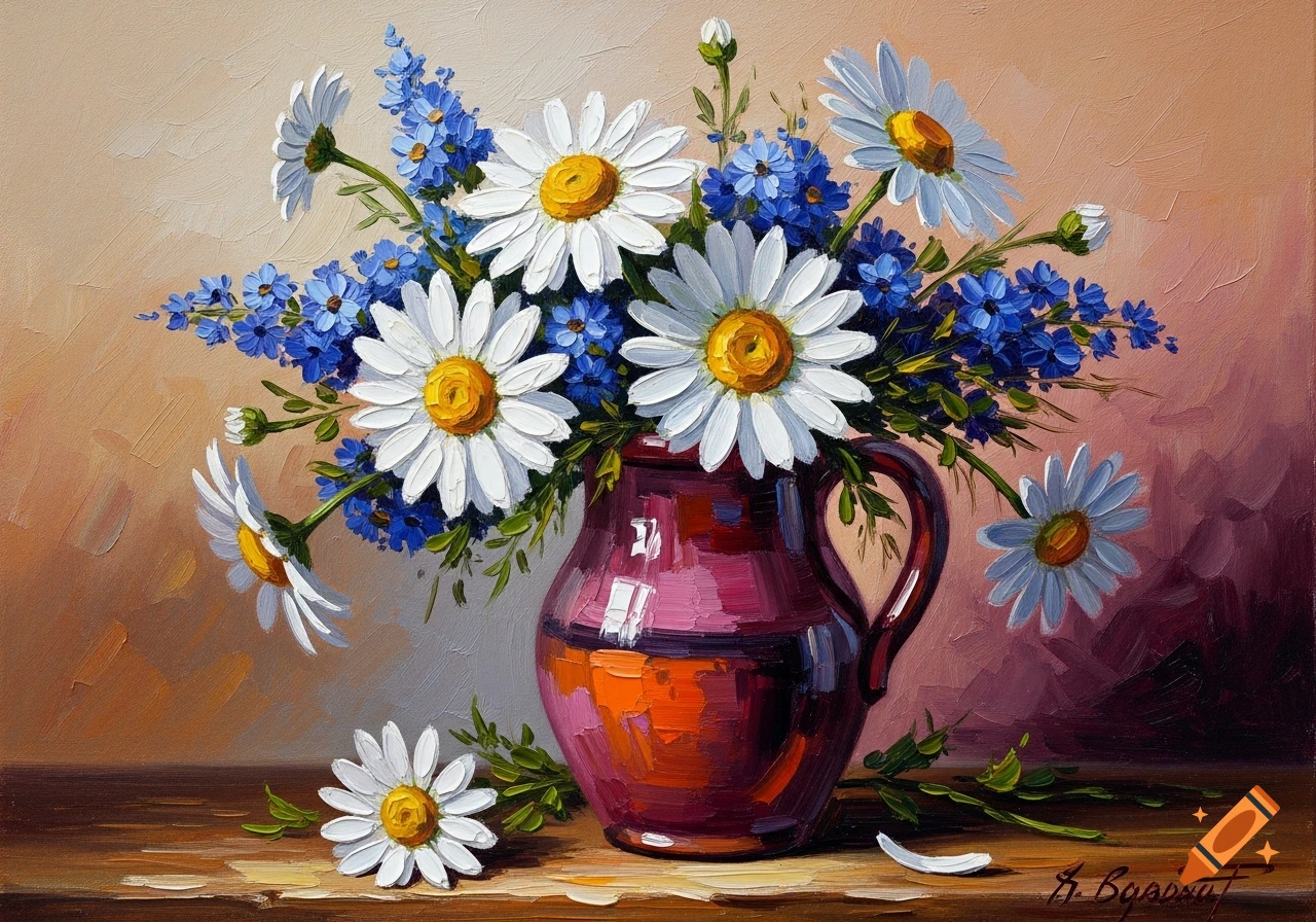 Oil painting of a bouquet of white daisies and blue flowers in a dark ...