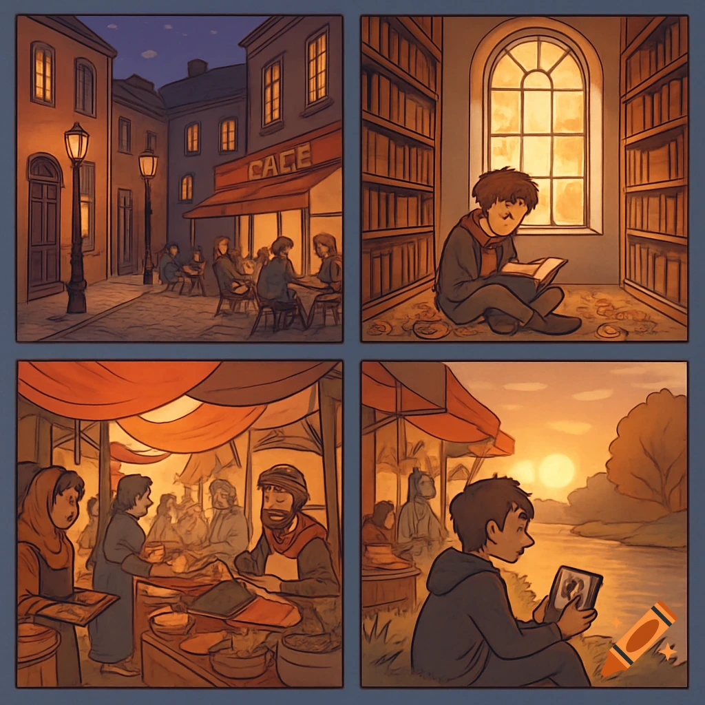 Four-panel comic strip with warm, stylized cartoon art showing a cafe, a boy reading in a library, a bustling market, and a boy by a river.