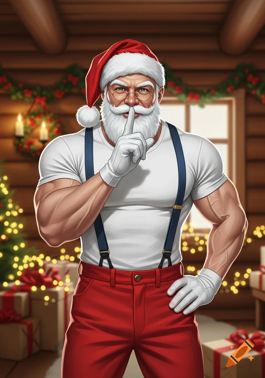 Muscular Santa in a white t-shirt, red pants, and suspenders, making a shushing gesture in a cozy Christmas room, illustration.