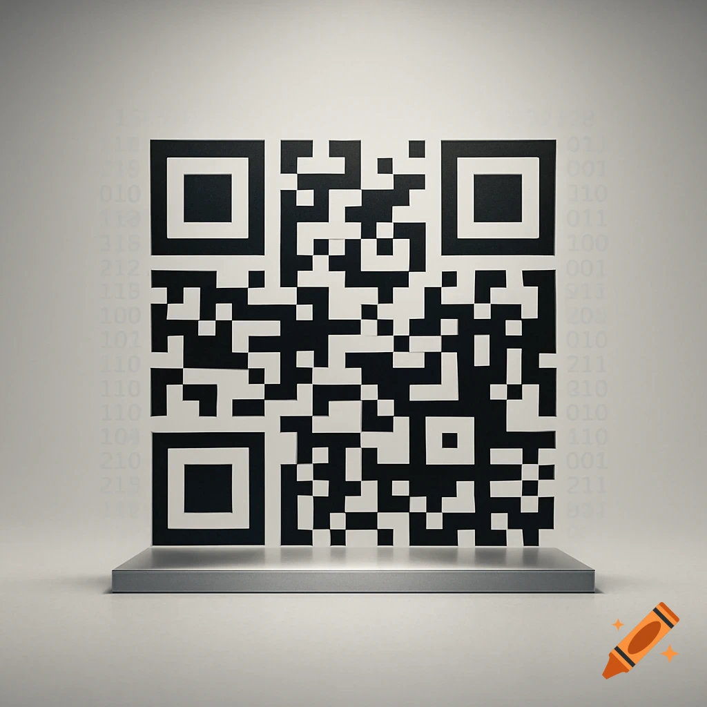 A black and white QR code stands on a metallic pedestal, with faint numbers in the background.