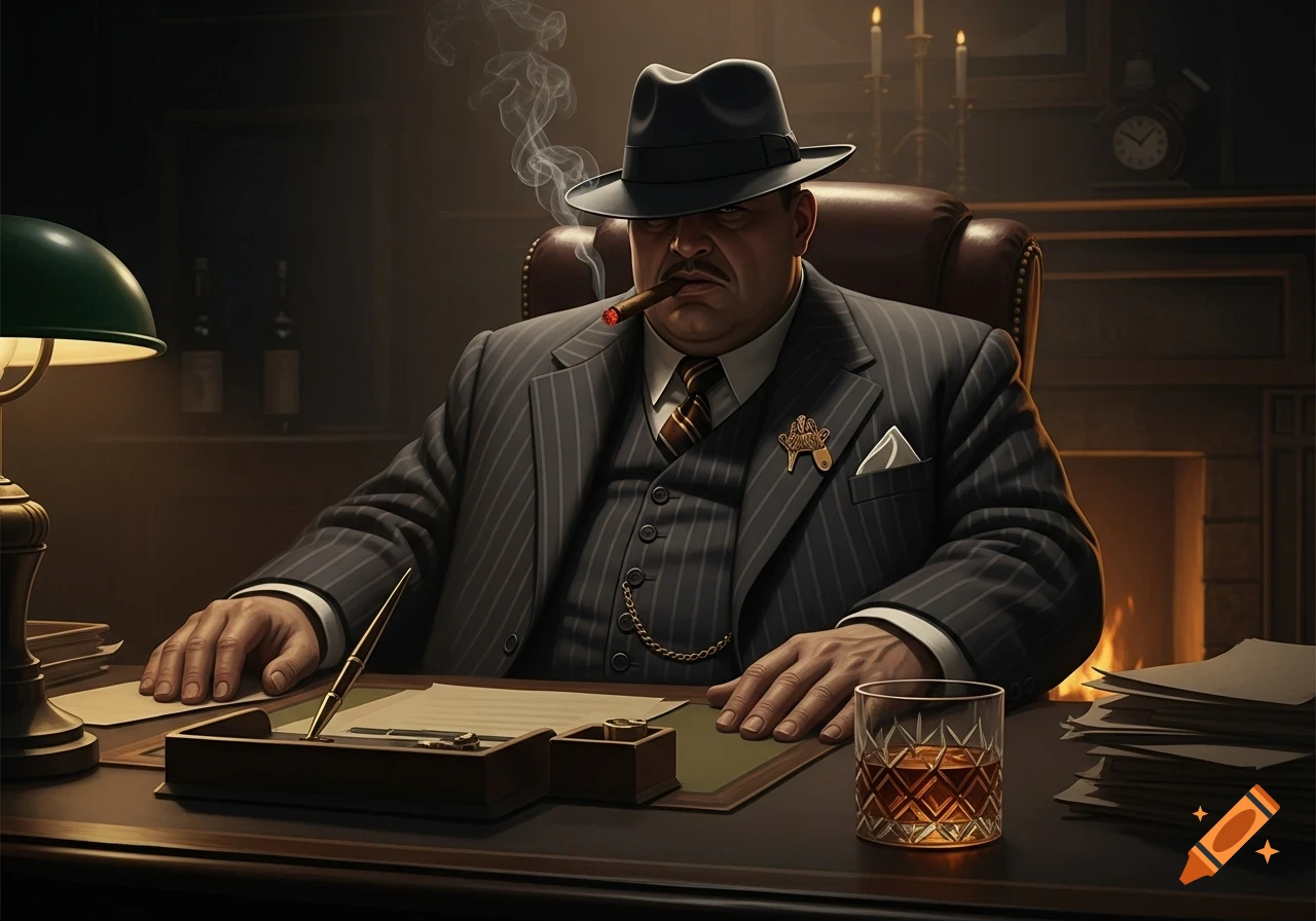 A heavy-set man in a pinstripe suit and fedora smokes a cigar while sitting at a dark wood desk with a glass of whiskey, in a dimly lit, vintage office.
