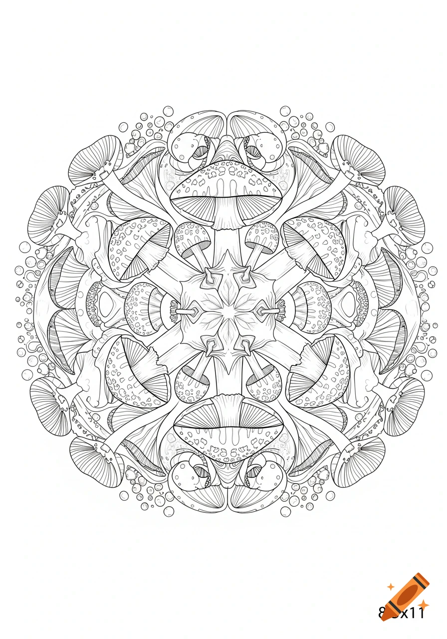 Intricate black and white line art mandala pattern made of stylized mushrooms, suitable for a coloring page.