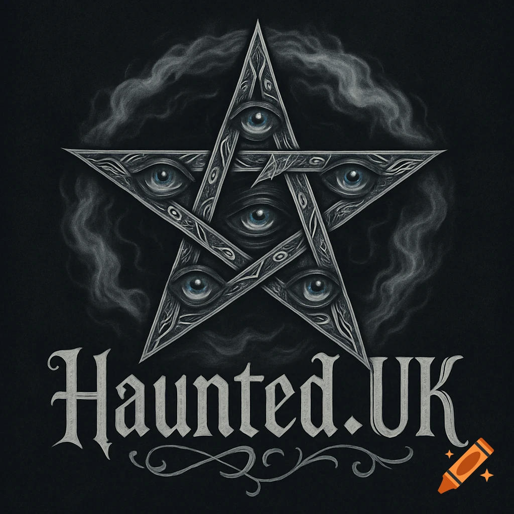 Dark, gothic logo featuring a pentagram filled with multiple blue eyes, surrounded by smoke, with 'Haunted.UK' text.