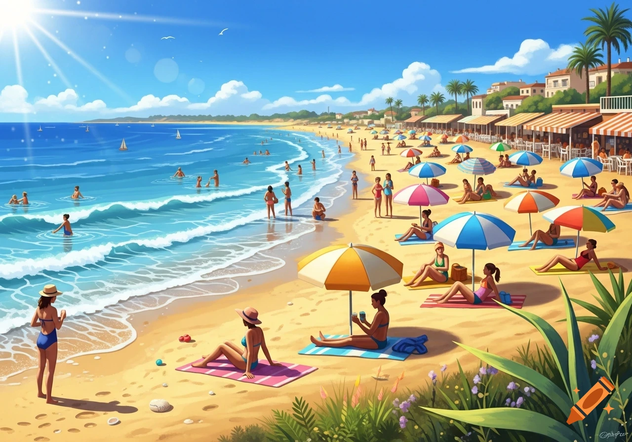 An illustrative style image of a crowded Spanish beach with people swimming and sunbathing under colorful umbrellas on a sunny day.