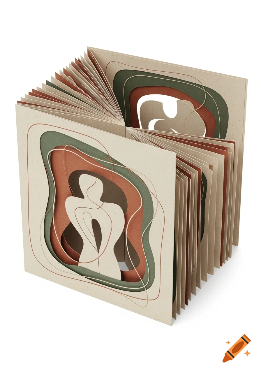 A papercut concertina booklet with abstract, organic shapes in earthy green, brown, and beige, folded open on a white background.