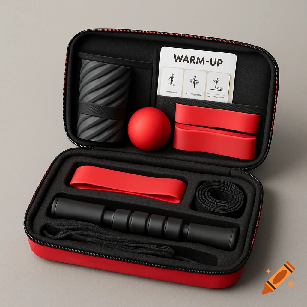 A red and black portable fitness warm-up kit in an open case, displaying a mini foam roller, lacrosse ball, resistance bands, massage stick, and stretch rope along with a "WARM-UP" card.