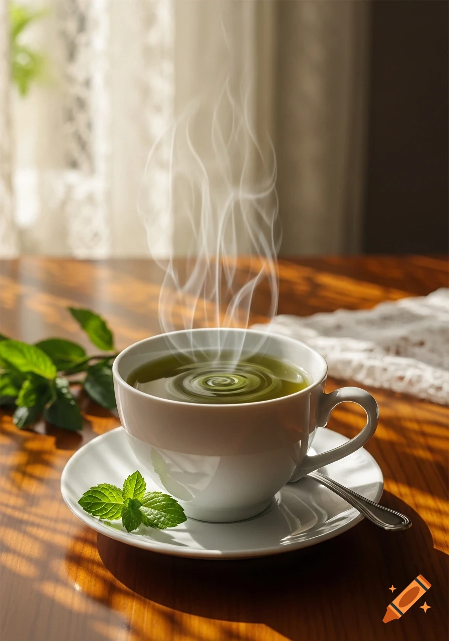 A steaming cup of green tea with fresh mint leaves on a white saucer on a sunlit wooden table near a window.