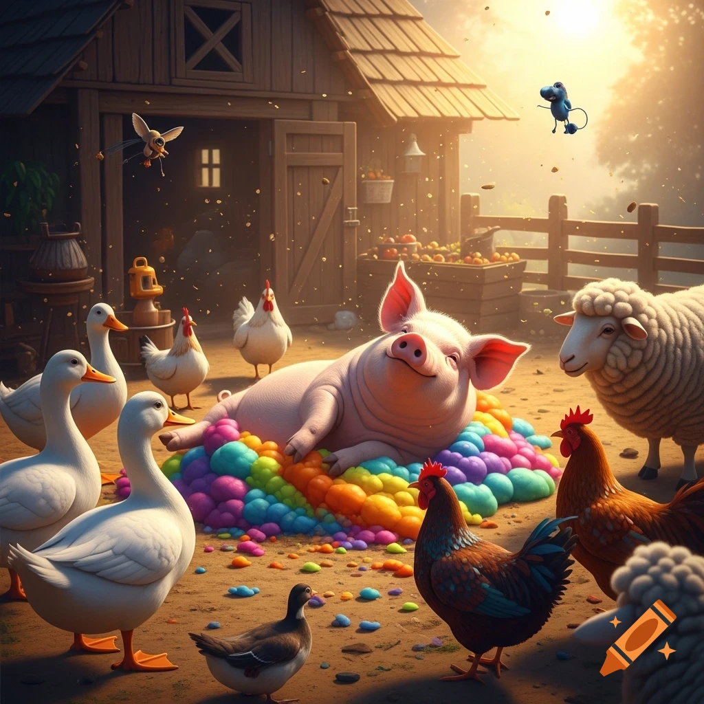 A happy pig lies in a rainbow-colored puddle of "slop" surrounded by ducks, chickens, and sheep on a sunny farm.
