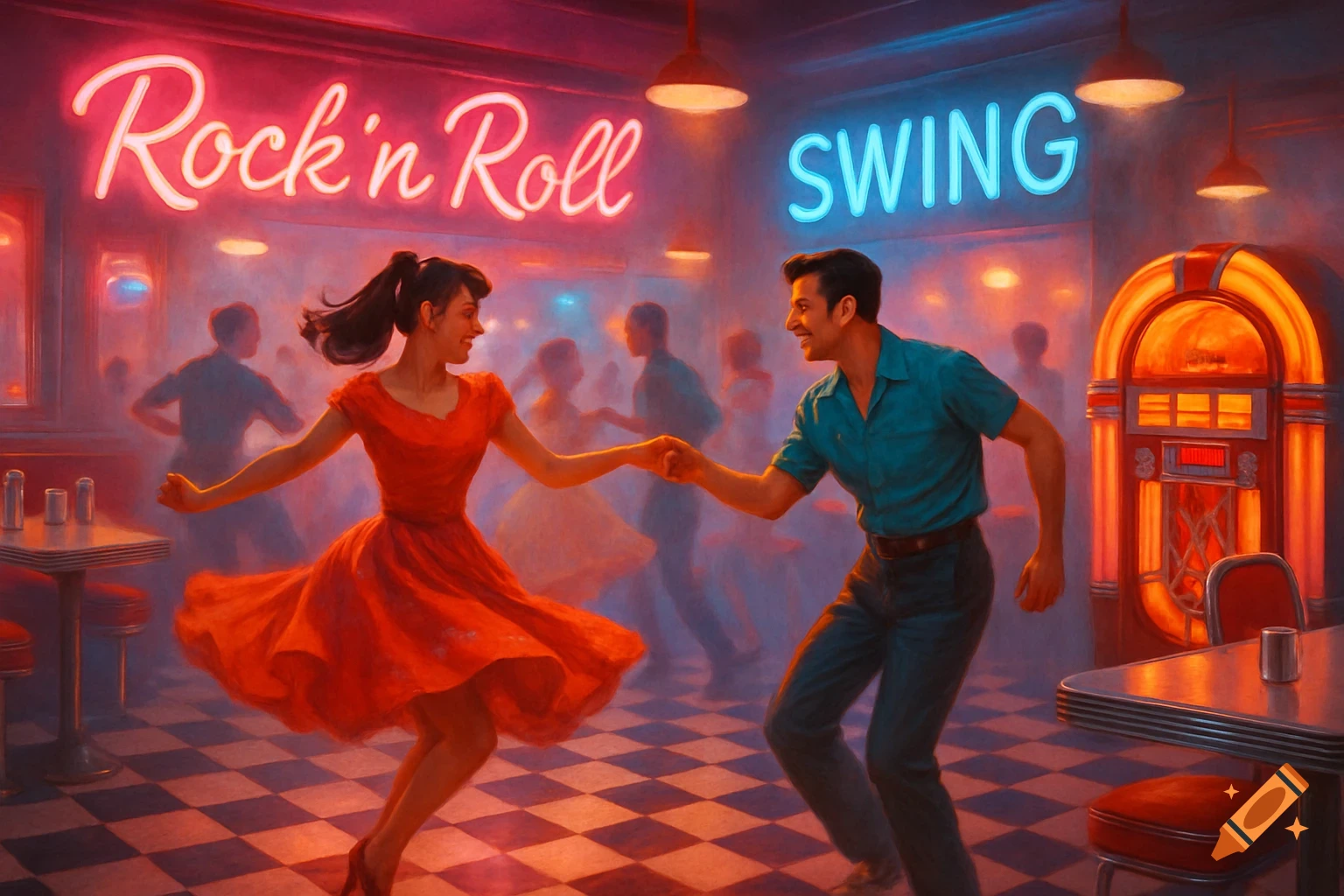 Couple swing dancing in a vibrant 1950s diner with 'Rock'n Roll' and 'SWING' neon signs and a jukebox.