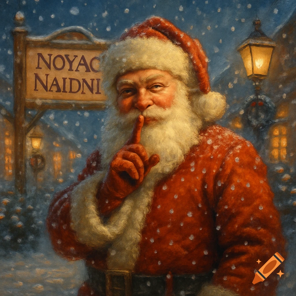 Oil painting of Santa Claus in red suit, finger to lips, standing in snowy village at night with a sign that says 'Noyac Naidni'.