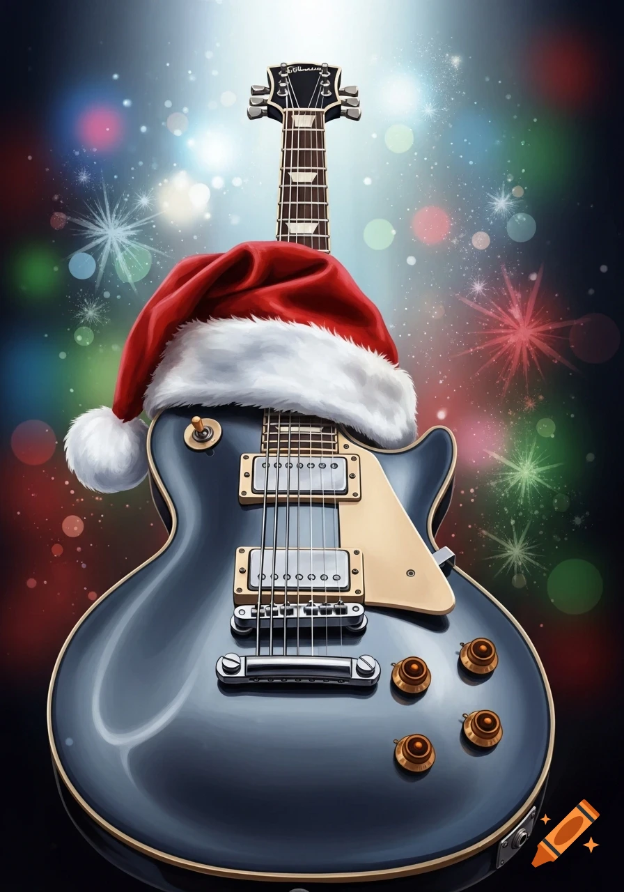 A dark electric guitar with a Santa hat on its neck, set against a sparkling, colorful bokeh background.