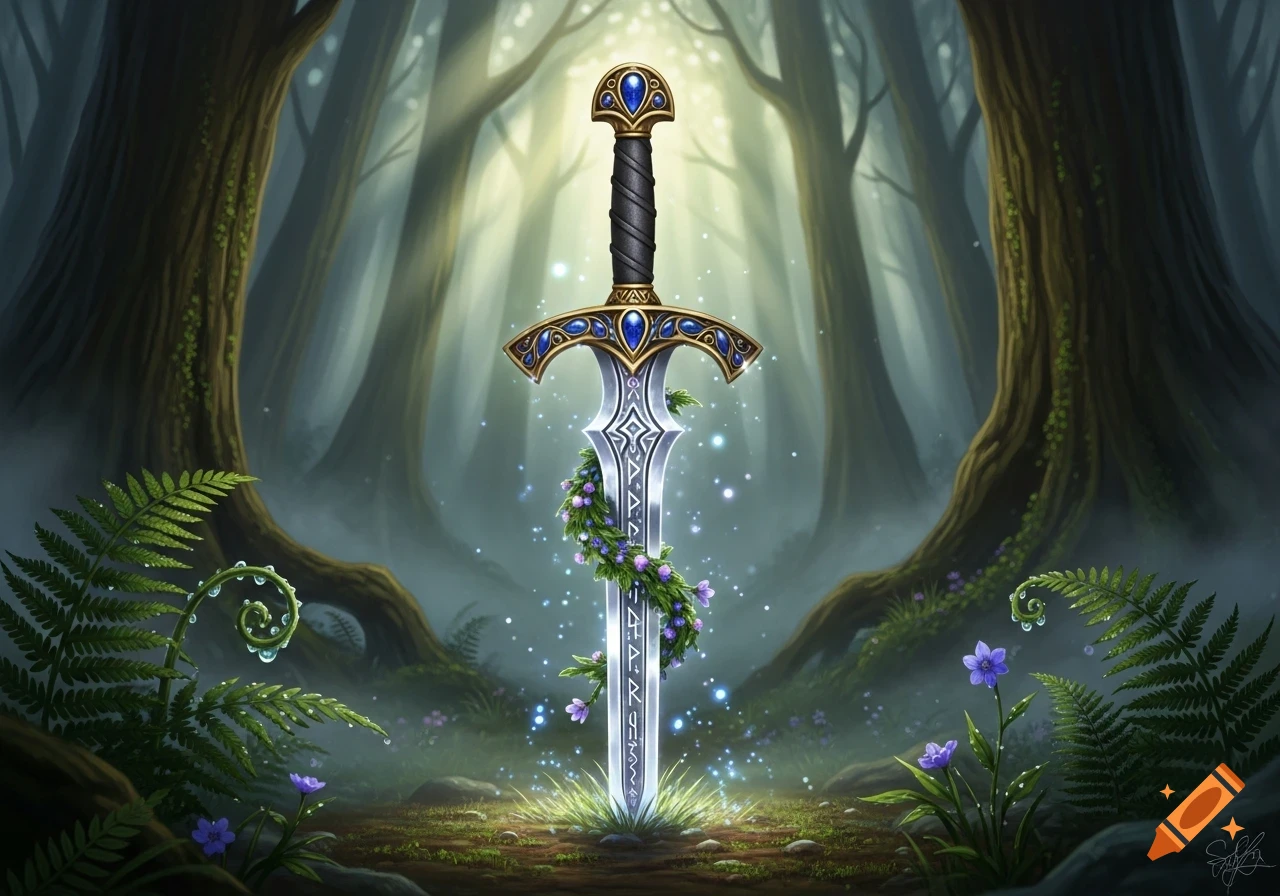 A stylized fantasy sword with blue gems, wrapped in purple flowers, stands glowing in a mystical forest with ferns and soft light.