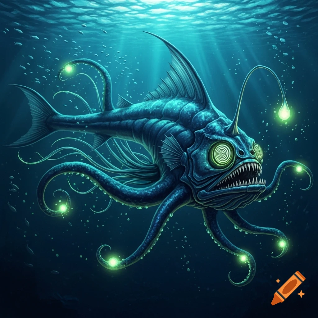 A monstrous anglerfish-squid hybrid with glowing eyes and tentacles swims in the dark deep sea.
