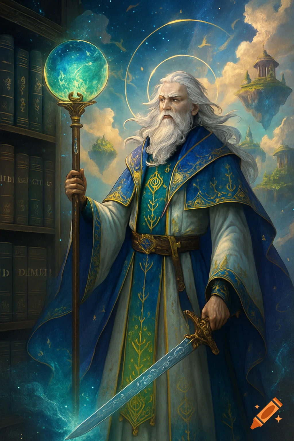 A white-bearded wizard in blue and gold robes holds a glowing staff and a magical sword, with a library and floating islands in a starry sky.