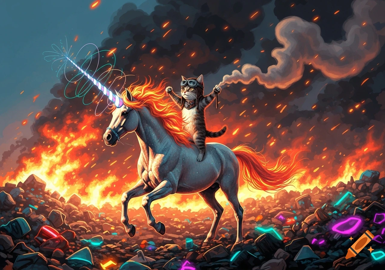 A daring cat in aviator gear rides a majestic unicorn through a vibrant, stylized dumpster fire scene with glowing debris and smoke.